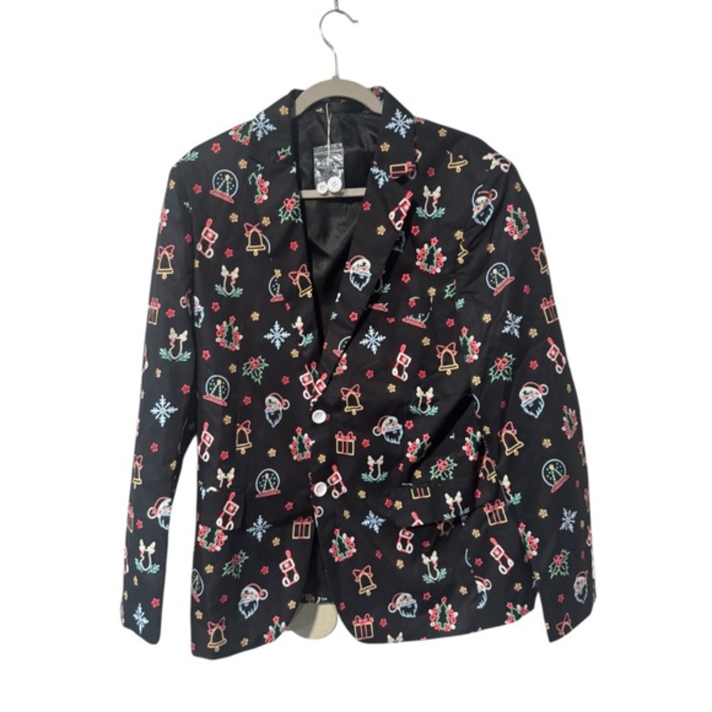 Festive Black Blazer with neon Holiday Print size M